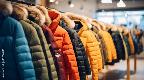 assortment of winter jackets and down jackets on store hangers elective focus.