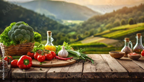 Empty wooden table with fresh vegetables and spices and cook on the background blurred kitchen, 