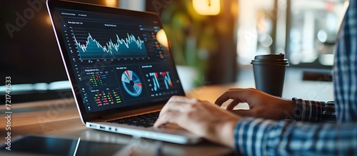 Close up of man hands working in professional trading screens with financial data at a trading office in futuristic style computer or PC