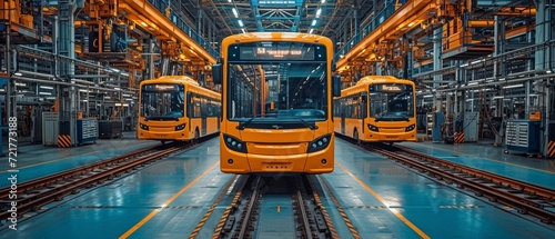 auto manufacturing facility. Buses in the assembly line