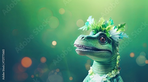 Dinosaur with flower on green background. St.Patrick’s Day. presentation. advertisement. invite invitation. copy text space.