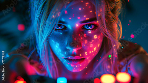 Focused blonde girl gamer with colorful screen reflections on her face