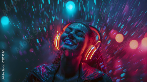 Joyful woman with glowing headphones in rain