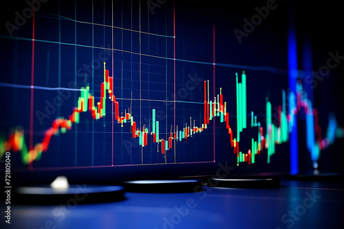  financial chart with uptrend line candlestick graph in stock market on blue color monitor background