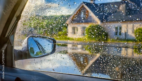 Wallpaper rain water on windscreen reflection in car mirror and water drops ion wet ground