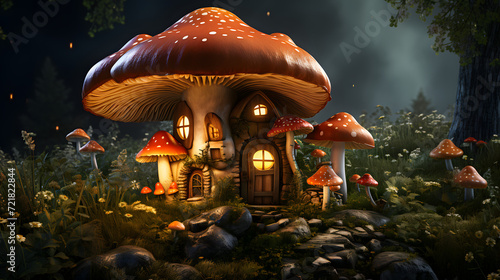 there is a mushroom house in the middle of a field of mushrooms