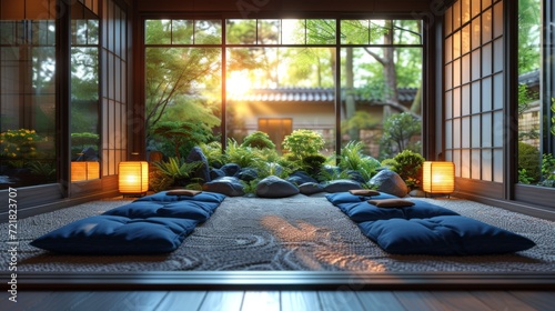 Harmonie japonaise : Espace intérieur serein avec vue sur un jardin traditionnel, table basse et coussins au sol, intégration parfaite de la nature