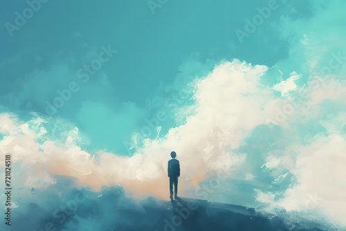 A man standing alone, lost in thought, surrounded by a sad mist. Illustrating the concept of feeling sad, burdened in mind, and deeply contemplative.