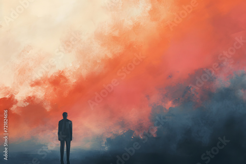 A man standing alone, lost in thought, surrounded by a sad mist. Illustrating the concept of feeling sad, burdened in mind, and deeply contemplative.