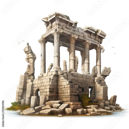 Historical stone ruins of an ancient temple with columns isolated on a white background