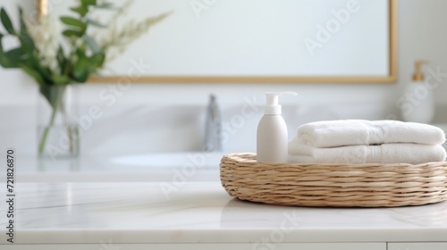 White towels on a woven basket, with a clean, elegant bathroom interior.