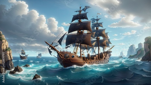 "Pirate Ship Sailing the Fantasy Seas: Award-Winning Digital Matte Painting