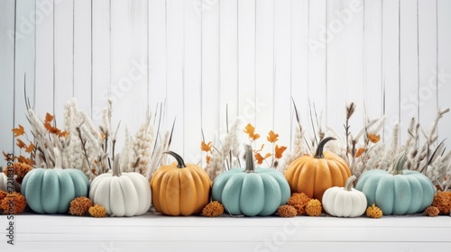 Decorative pumpkins and dry plants against a white wooden background, symbolizing festive fall decor.
