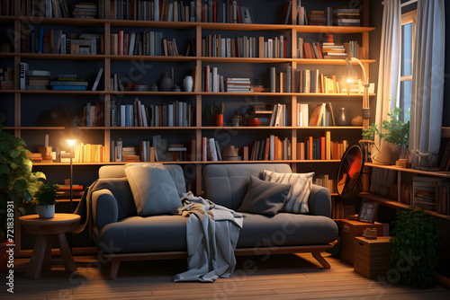 room with a cozy reading nook and bookshelves 