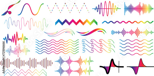Colorful sound waves vector, audio digital equalizer technology, music pulse. Vibrant frequency lines on white background, studio, club, radio station visuals