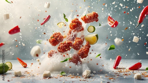 A dramatic presentation of spicy crispy fried chicken with an explosion of spices and breading, captured in a high-speed photograph.