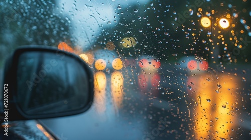 Rain shower on car windshield or car window and blurry road in background. Driving in rainy season. Rain drops on car mirror. Traffic road in evening rain