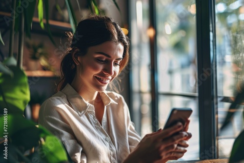 Successful businesswoman happily using phone at work.