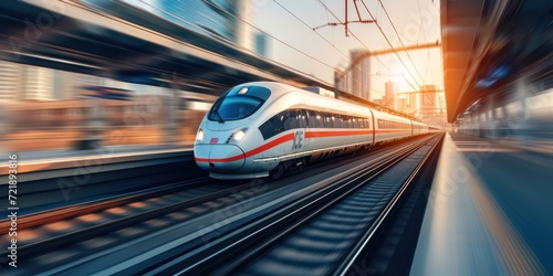 High-speed fast train passenger locomotive in motion at the railway station, the city is background