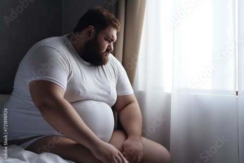 Fat man sitting on the bed and looking at his belly. The concept of obesity. Overweight and obesity concept. Obesity Concept with Copy Space.