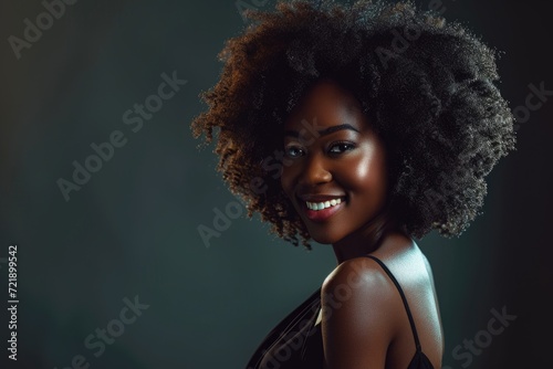 Smiling young black woman with afro hairstyle in black dress.