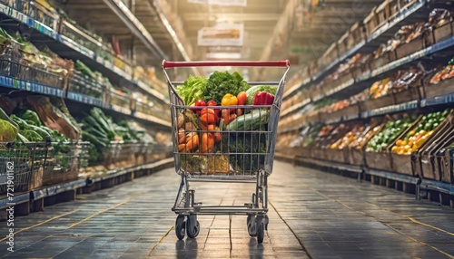Shopping trolley cart against modern supermarket aisle blurred background