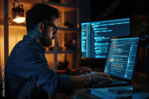 Programmer and coding at night on laptop mockup screen for networking, malware or software at the office