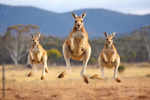 Kangaroos hopping and playing in an open field.