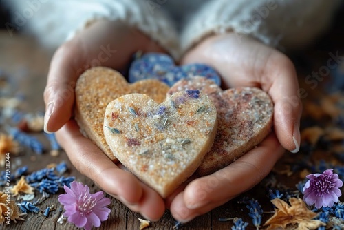 Close-up of hands creating personalized heart-shaped potpourri sachets