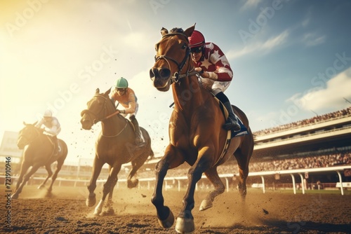Thoroughbred horses racing on track, jockeys competing