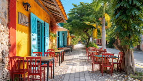 Caribbean street cafe with the tropical design style with colourful walls. 