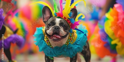 A funny French Bulldog in a multi-colored costume is dancing at the Brazilian Carnival.
