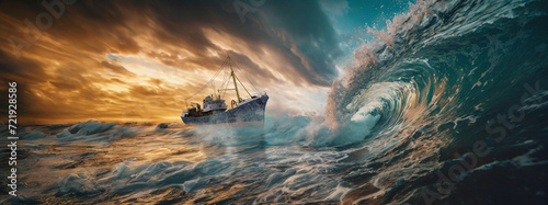 trawler ship in front of a tsunami wave, Generated image