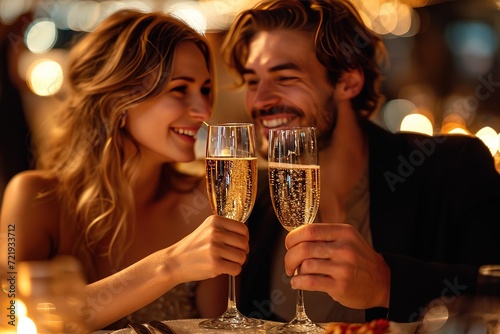 Couple toasting with champagne flutes in a dimly lit room