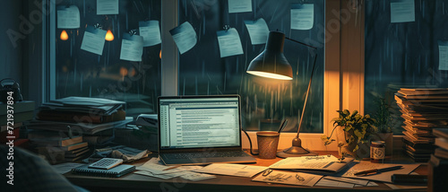 tax accountant's desk with multiple monitors showing tax software, piles of deduction receipts, and a coffee cup, indicating long hours of work