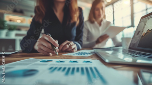 tax professional explaining deductions to a client, with visible charts and graphs, in a modern, well-lit financial advisory office