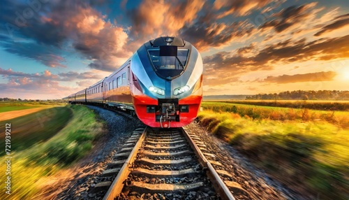 High speed train in motion on the railway station at sunset. Fast moving modern passenger train on railway platform. Railroad with motion blur effect. Commercial transportation. Blurred background