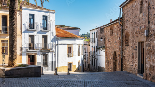Streets with typical houses of the monumental city of Caceres in Extremadura, Spain.