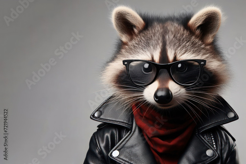 Stylish raccoon in a leather jacket and glasses on a clean background. Place for text.