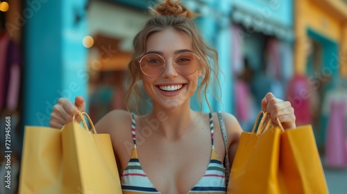 Shopping sous le soleil : Femme souriante en chapeau, lunettes, et top rayé avec des sacs jaunes