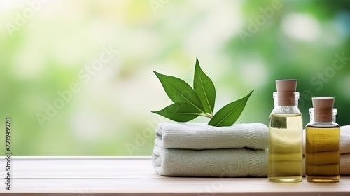 A still life depicting soap, towels, leaves, and green tea in copy space with a health and beauty theme.