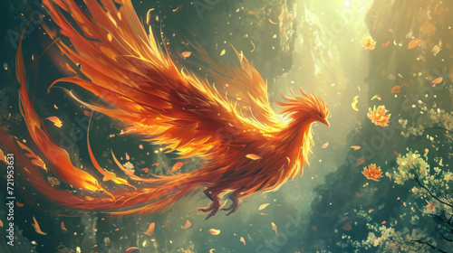 A phoenix that has an orange flame and a flower in it's wings.