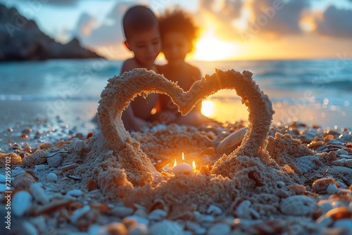 Family crafting a heart-shaped sandcastle on a sunny beach