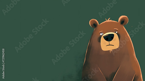 This grumpy yet lovable bear stands on a serene forest green background.