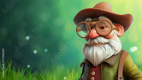 A charming and wise 3D cartoon-style old man with a kind expression, depicted against a peaceful green background.