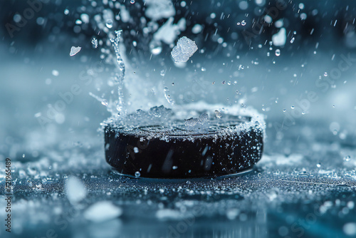 Shot hockey puck speeding down the ice into the goal and splashing water and ice particles flying through the air.
