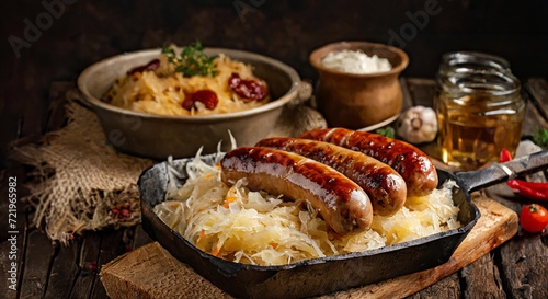 roasted sauerkraut and grilled sausages, Generated image