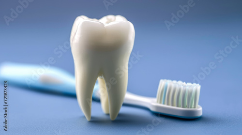 Model Tooth with Toothbrush on Blue Background, Dental Hygiene Concept