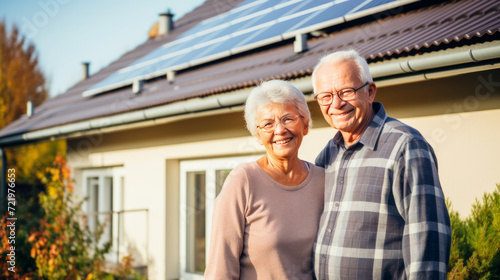 Solar powered Home. Smiling elderly couple standing in front of their house with solar panels on the roof. Bright future in clean energy. Banner with copy space