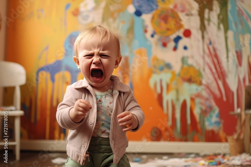 Photo of upset little baby boy crying on abstract multicolored background. Children Protection Day